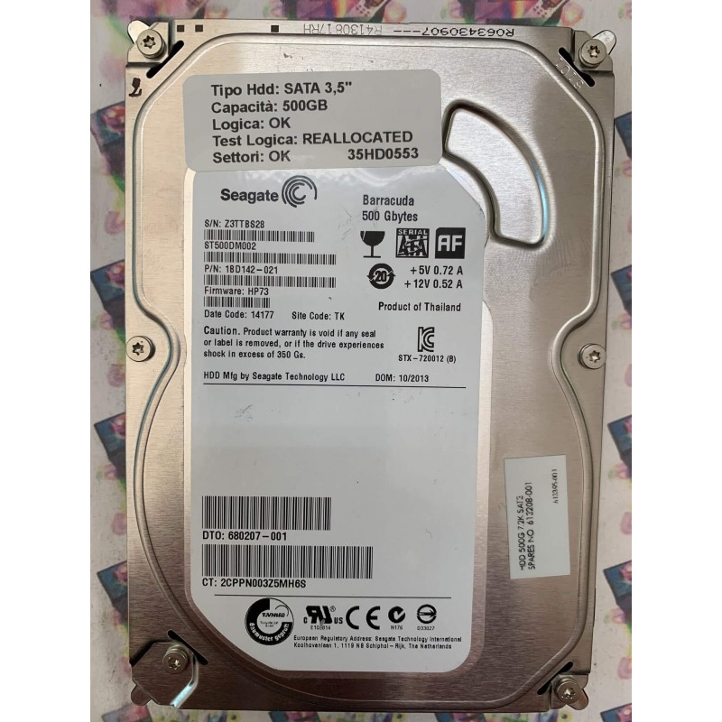 Hard Disk Usato Semifunzionante SATA 3,5" 500GB SEAGATE ST500DM002 1BD142-021 HP73 14177 TK