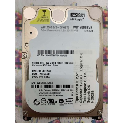 Hard Disk Usato Semifunzionante IDE 2,5" 120GB WD WD1200BEVE-00WZT0 FACT2ANB 04 OCT 2008