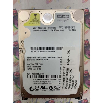 Hard Disk Usato Semifunzionante IDE 2,5" 120GB WD WD1200BEVE-00WZT0 HAYT2BBB 04 OCT 2008
