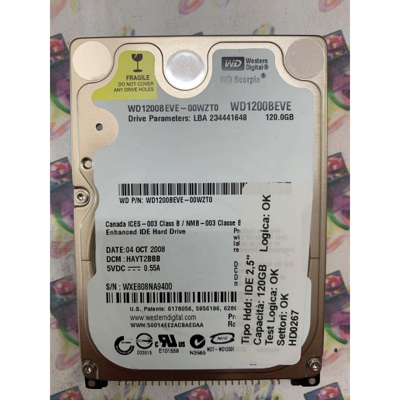Hard Disk Usato Semifunzionante IDE 2,5" 120GB WD WD1200BEVE-00WZT0 HAYT2BBB 04 OCT 2008