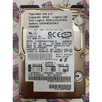 Hard Disk Usato Semifunzionante IDE 2,5" 30GB IBM IC25N030ATCS04-0 07N9318 H69033 SEP-02