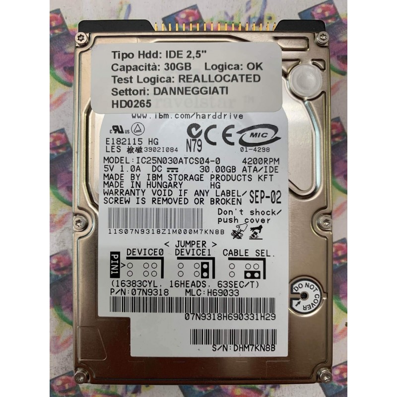 Hard Disk Usato Semifunzionante IDE 2,5" 30GB IBM IC25N030ATCS04-0 07N9318 H69033 SEP-02