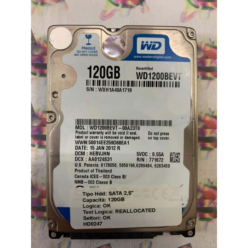 Hard Disk Usato Semifunzionante SATA 2,5" 120GB WD WD1200BEVT-00A23T0 HEBVJHN 15 JAN 2012