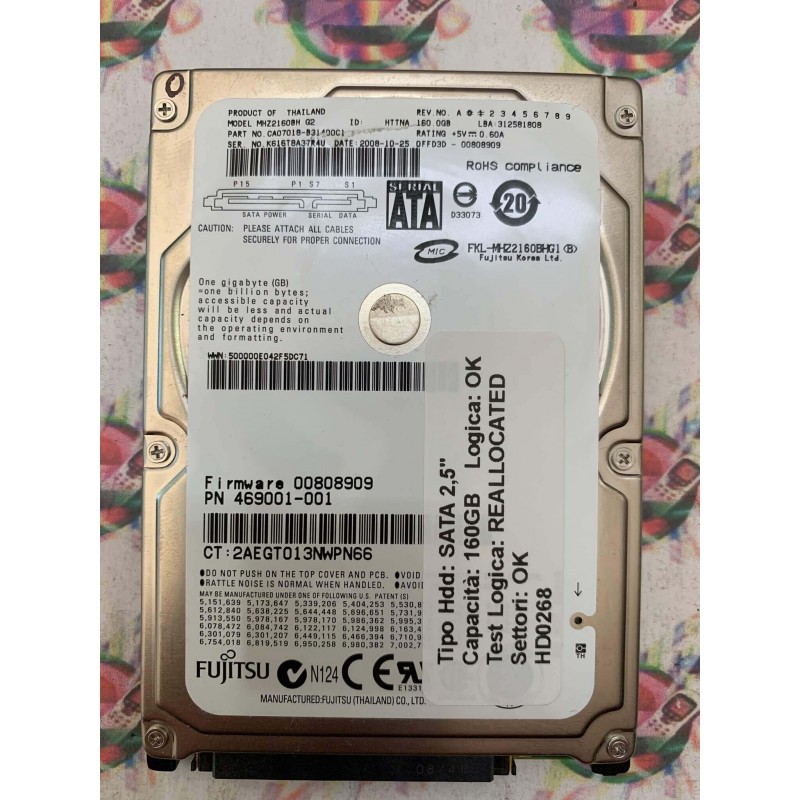 Hard Disk Usato Semifunzionante SATA 2,5" 160GB FUJITSU MHZ2160BH CA07018-B31400G1 2008-10-25