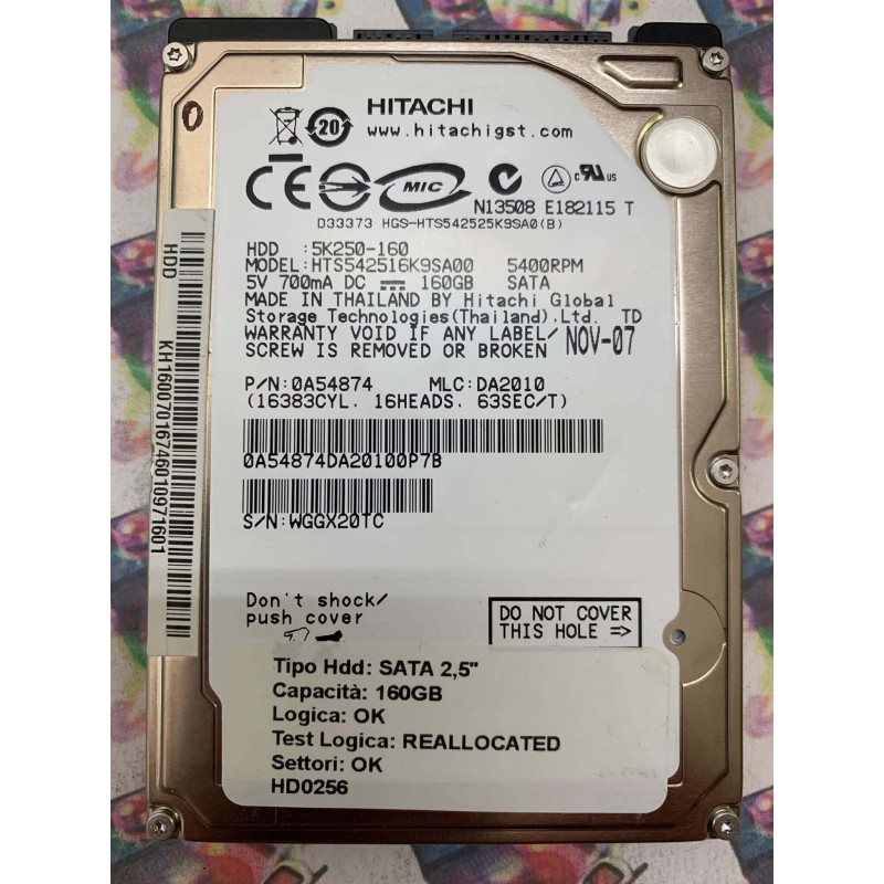 Hard Disk Usato Semifunzionante SATA 2,5" 160GB HITACHI HTS5425516K9SA00 5K250-160 0A54874 DA2010