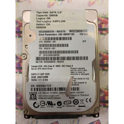 Hard Disk Usato Semifunzionante SATA 2,5" 160GB WD WD2500BEVS-60UST0 455019-001 HHCT2HBB 21 SEP 2008