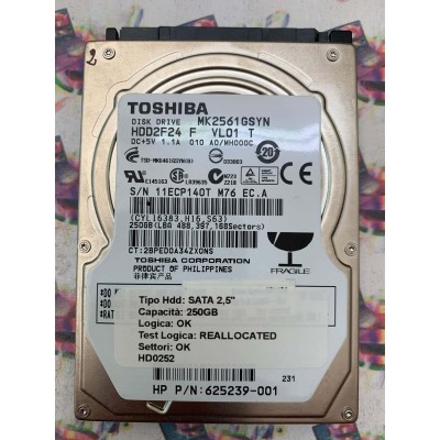 Hard Disk Usato Semifunzionante SATA 2,5" 250GB TOSHIBA MK2561GSYN 625239-001 2BPED0A34ZX0NS