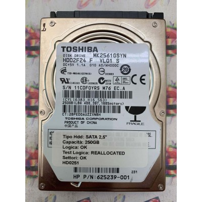 Hard Disk Usato Semifunzionante SATA 2,5" 250GB TOSHIBA MK2561GSYN 625239-001 2BPED0AUZZXNBH