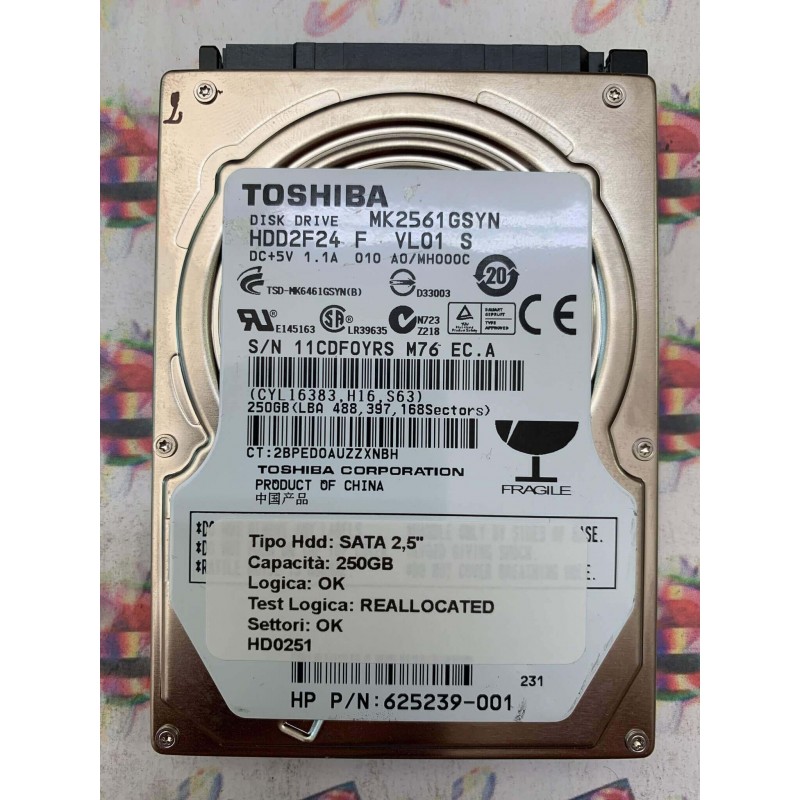 Hard Disk Usato Semifunzionante SATA 2,5" 250GB TOSHIBA MK2561GSYN 625239-001 2BPED0AUZZXNBH