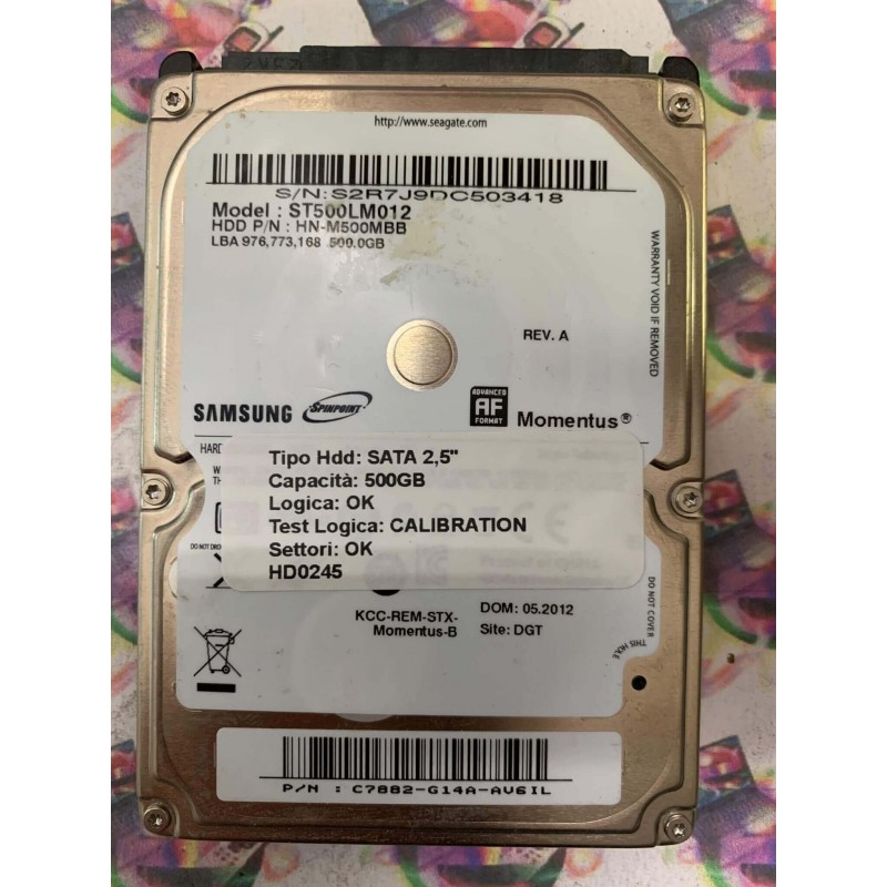 Hard Disk Usato Semifunzionante SATA 2,5" 500GB SAMSUNG ST500LM012 HN-M500MBB C7882-G14A-AV6IL 05.2012