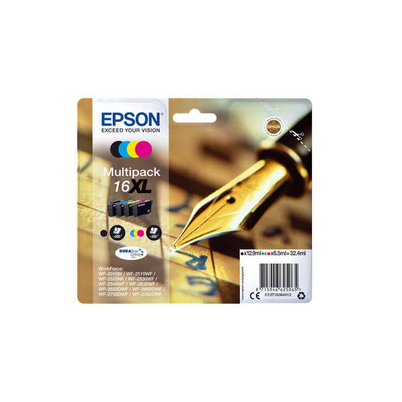 Kit 4 Cartucce Originali Epson C13T16364012 T1636 16xl BK C M Y 12,9ml Bk 5,9ml C M Y