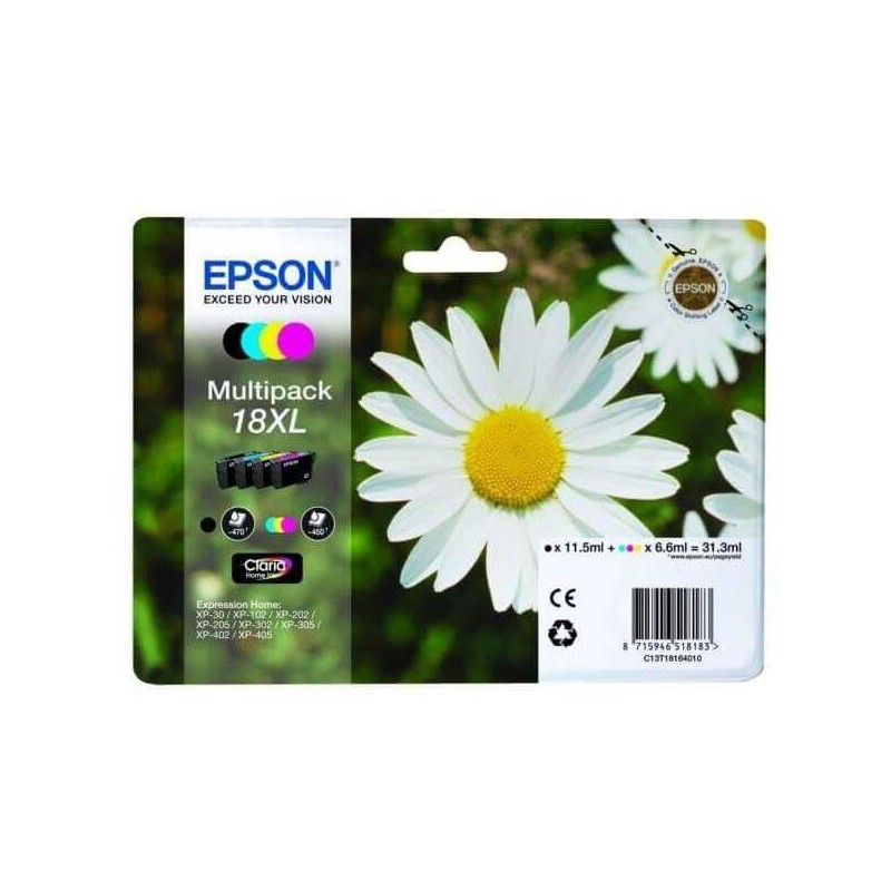 Kit 4 Cartucce Originali Epson C13T18164012 T1816 18XL BK C M Y 11,5ml Bk 6,6ml C M Y