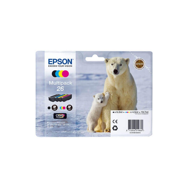 Kit 4 Cartucce Originali Epson C13T26164010 T2616 26 BK C M Y 6,2ml Bk 4,5ml C M Y