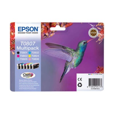 Kit 6 Cartucce Originali Epson C13T08074011 T0807 7,4ml x 6 Bk Nero 330 Pagine C Ciano 435 Pagine M Magenta 220 Pagine Y Yellow
