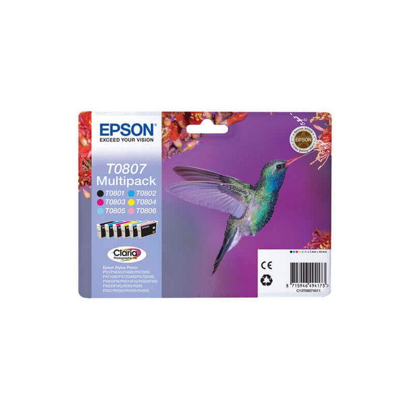 Kit 6 Cartucce Originali Epson C13T08074011 T0807 7,4ml x 6 Bk Nero 330 Pagine C Ciano 435 Pagine M Magenta 220 Pagine Y Yellow