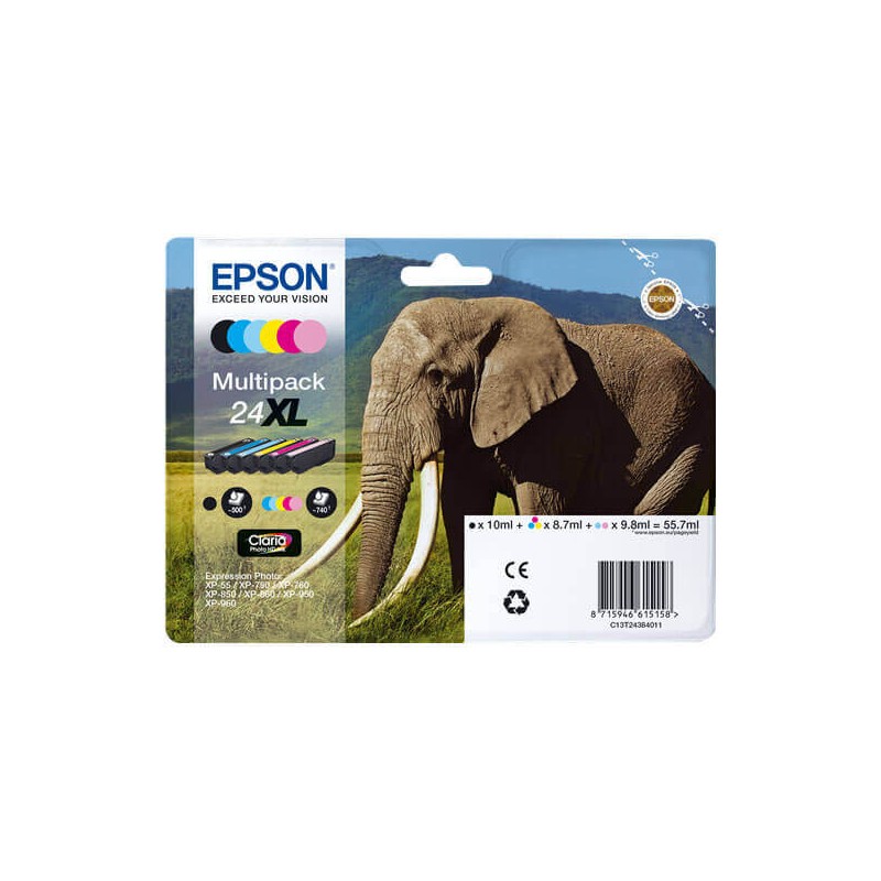 Kit 6 Cartucce Originali Epson C13T24384011 T2438 24XL BK C M Y LC LM 10ml Bk 8,7ml C M Y 9,8ml LC LM