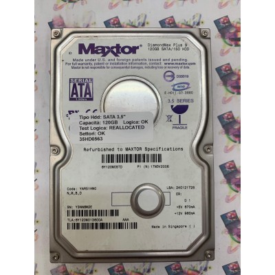 Hard Disk Usato Semifunzionante SATA 3,5" 120GB MAXTOR 6Y120M013600A 17 NOV 2006