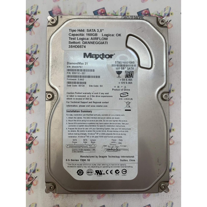 Hard Disk Usato Semifunzionante SATA 3,5" 160GB MAXTOR STM3160215AS 9DS112-327 3.AAD 08134 SU