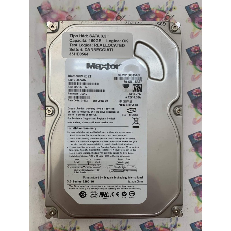 Hard Disk Usato Semifunzionante SATA 3,5" 160GB MAXTOR STM3160815AS 9DS132-327 08252 SU