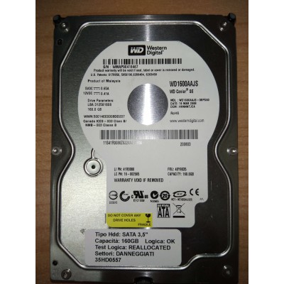 Hard Disk Usato Semifunzionante SATA 3,5" 160GB WD WD1600AAJS-089SA0 WD1600AAJS HHNNNTJCA 19 MAR 2008