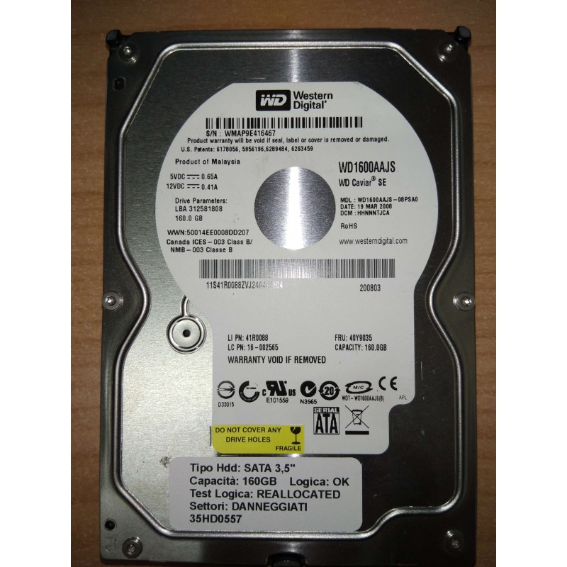 Hard Disk Usato Semifunzionante SATA 3,5" 160GB WD WD1600AAJS-089SA0 WD1600AAJS HHNNNTJCA 19 MAR 2008