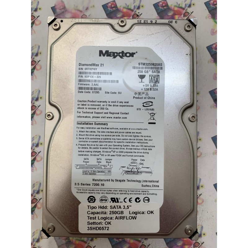 Hard Disk Usato Semifunzionante SATA 3,5" 250GB MAXTOR STM3250820AS 9DP13E-326 3.AAE 07295 SU