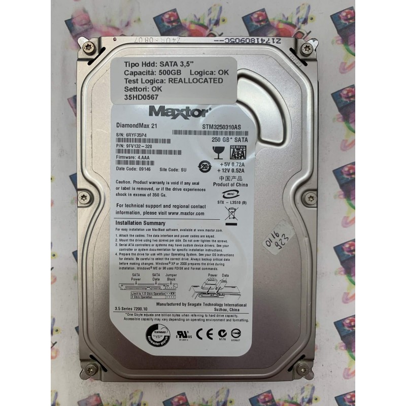 Hard Disk Usato Semifunzionante SATA 3,5" 500GB MAXTOR STM3250310AS 9FV132-328 4.AAA 09146 SU