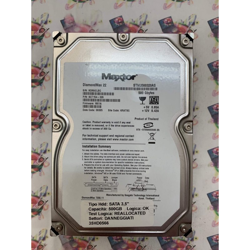 Hard Disk Usato Semifunzionante SATA 3,5" 500GB MAXTOR STM3500320AS 9GT154-326 MX1A 09305 KRATSG