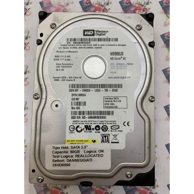 Hard Disk Usato Semifunzionante SATA 3,5" 80GB WD WD800JD-75MSA3 HSCANTJCA 08 JUN 2007