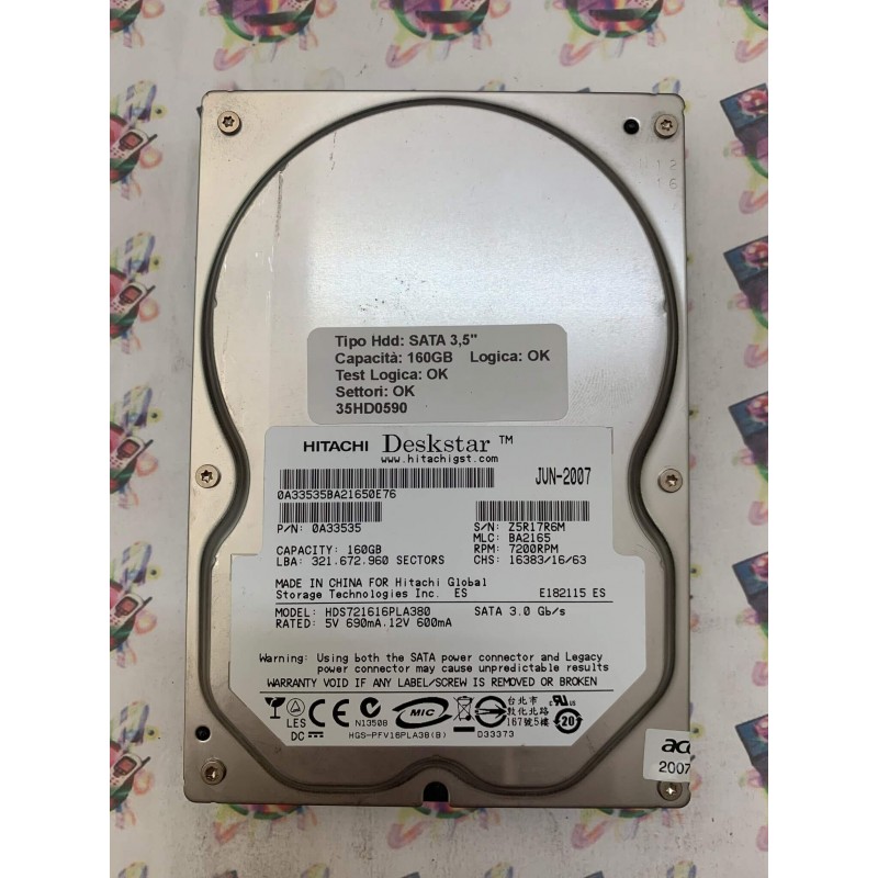 Hard Disk Usato Funzionante 100% OK SATA 3,5" 160GB HITACHI HDS721616PLA380 BA2165 0A33535 JUN 2007