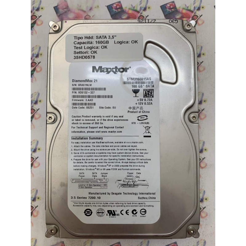 Hard Disk Usato Funzionante 100% OK SATA 3,5" 160GB MAXTOR STM3160815AS 9DS132-327 08251 SU