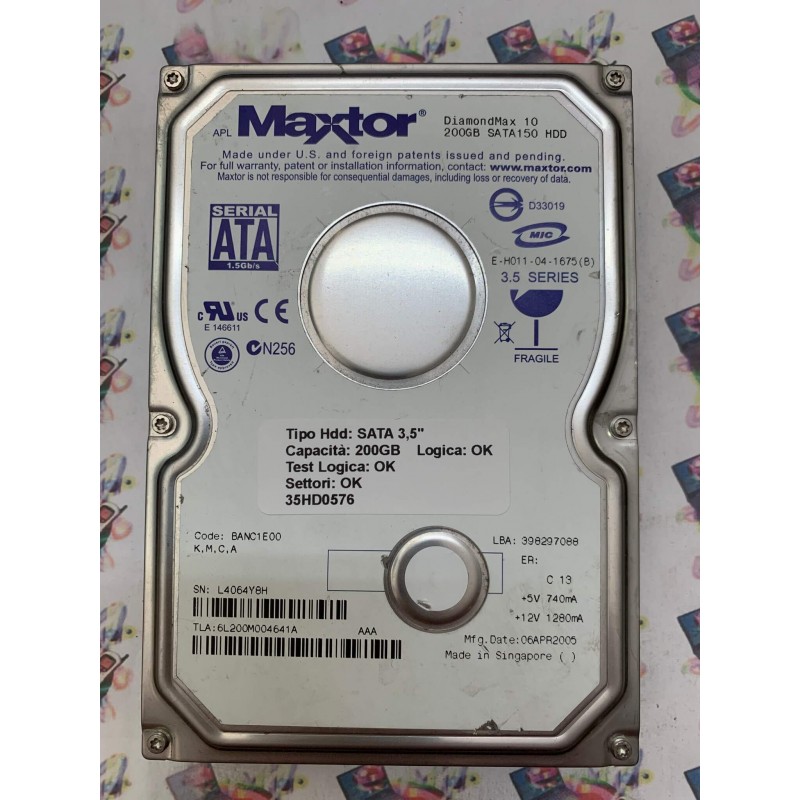 Hard Disk Usato Funzionante 100% OK SATA 3,5" 200GB MAXTOR 6L200M0 6L200M004641A BANC1E00 06 APR 2005