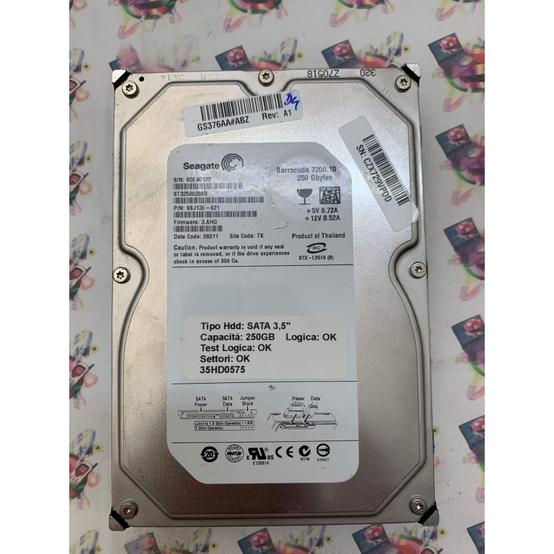 Hard Disk Usato Funzionante 100% OK SATA 3,5" 250GB SEAGATE ST3250820AS 9BJ13E-621 3.AHG 08011 TK