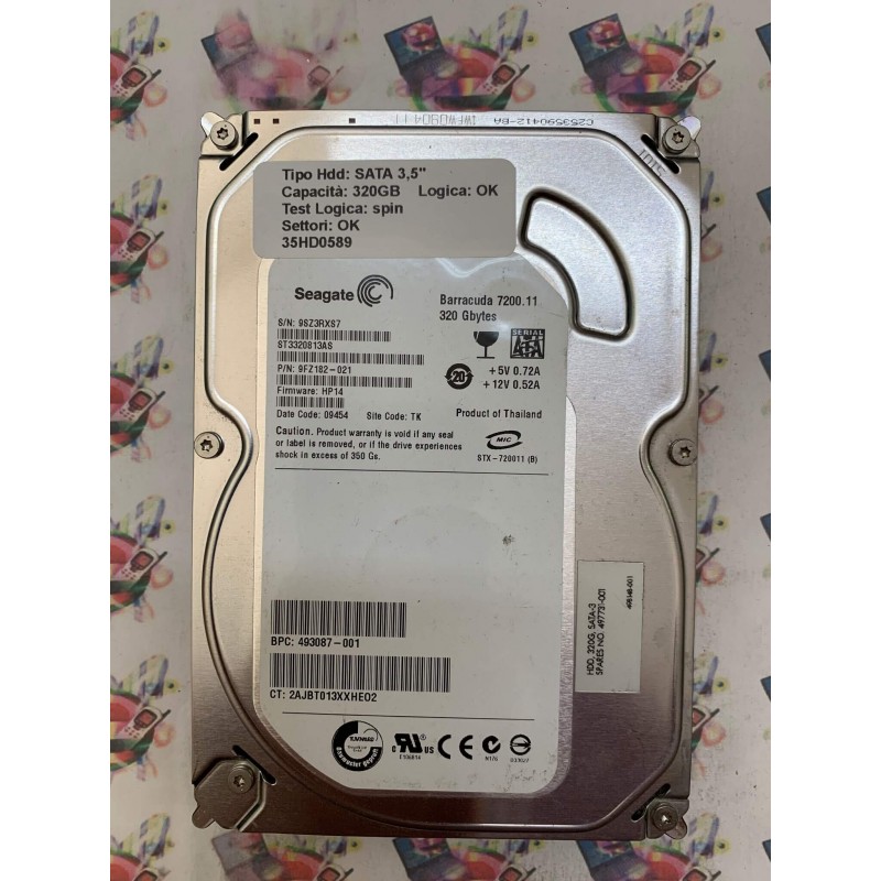 Hard Disk Usato Semifunzionante SATA 3,5" 320GB SEAGATE ST3320813AS 9FZ182-021 HP14 09454 TK