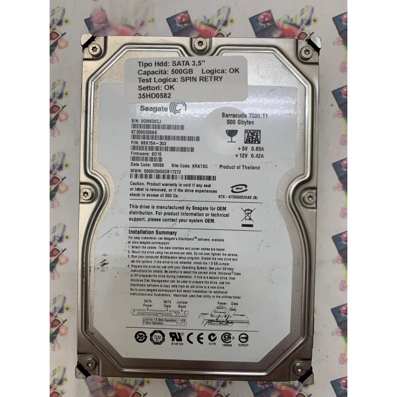 Hard Disk Usato Semifunzionante SATA 3,5" 500GB SEAGATE ST3500320AS 9BX154-303 SD15 09086 KRATSG