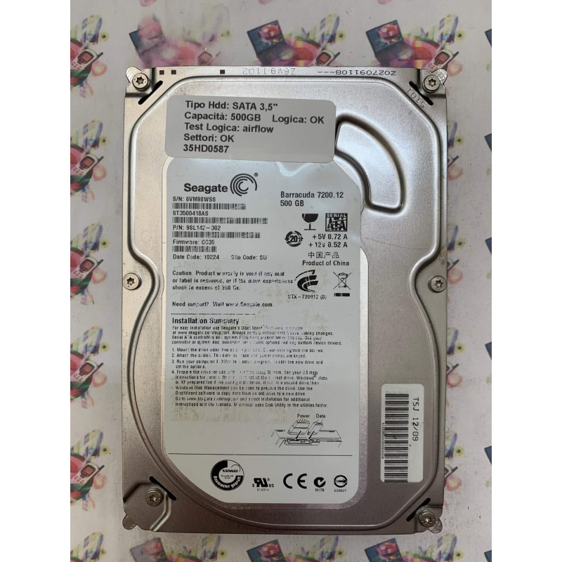 Hard Disk Usato Semifunzionante SATA 3,5" 500GB SEAGATE ST3500418AS 9SL142-302 CC38 10224 SU