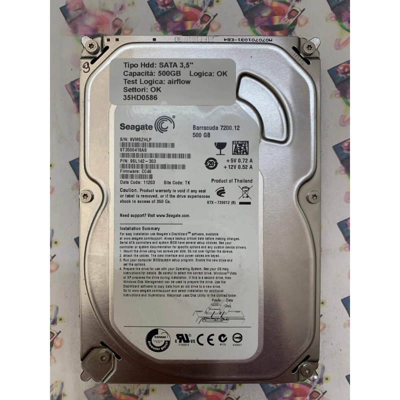 Hard Disk Usato Semifunzionante SATA 3,5" 500GB SEAGATE ST3500418AS 9SL142-303 CC46 11203 TK