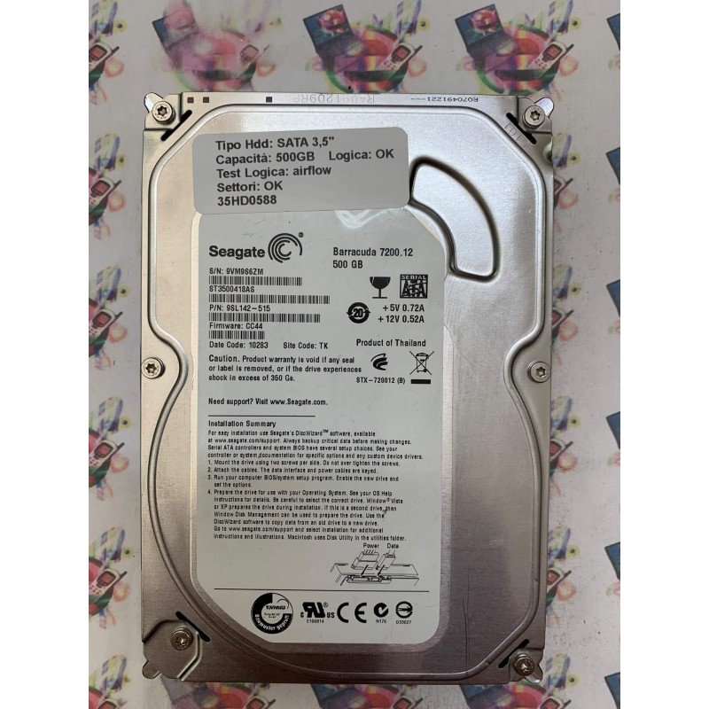 Hard Disk Usato Semifunzionante SATA 3,5" 500GB SEAGATE ST3500418AS 9SL142-515 CC44 10283 TK 9VM9S6ZM