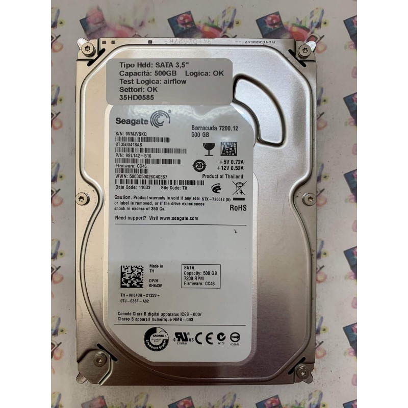 Hard Disk Usato Semifunzionante SATA 3,5" 500GB SEAGATE ST3500418AS 9SL142-516 CC46 11033 TK