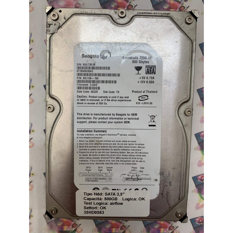 Hard Disk Usato Semifunzionante SATA 3,5" 500GB SEAGATE ST3500830AS 9BJ136-188 3.AAD 08225 TK