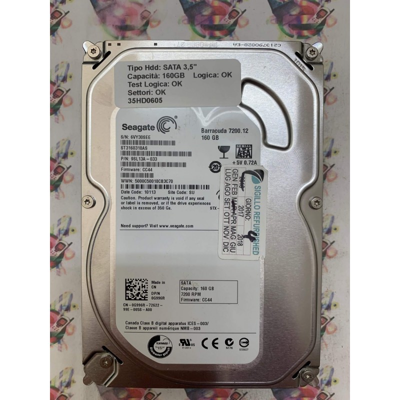 Hard Disk Usato Funzionante 100% OK SATA 3,5" 160GB SEAGATE ST3160318AS 9SL13A-033 CC44 10113 SU