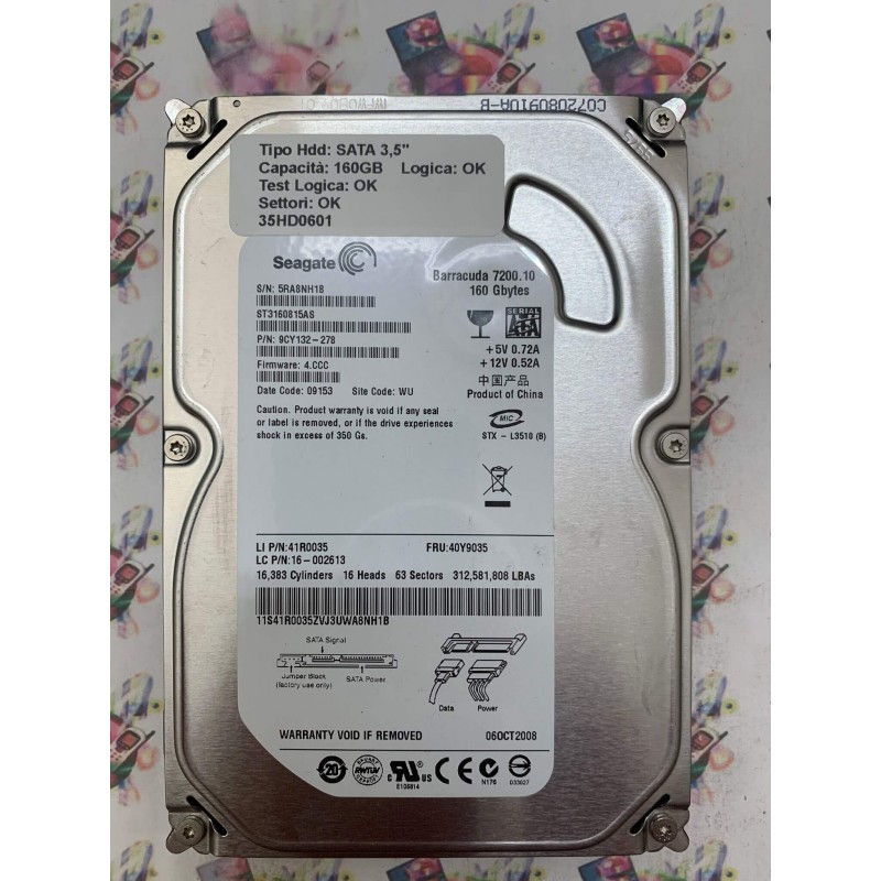 Hard Disk Usato Funzionante 100% OK SATA 3,5" 160GB SEAGATE ST3160815AS 9CY132-278 4.CCC 09153 WU