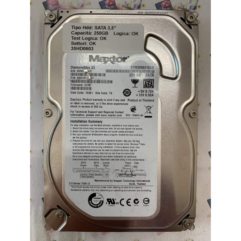 Hard Disk Usato Funzionante 100% OK SATA 3,5" 250GB MAXTOR STM3250318AS 9SS131-327 CC38 10361 TK