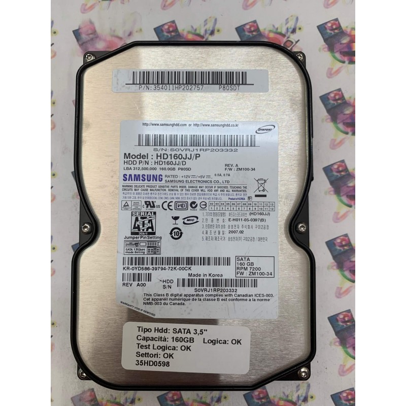 Hard Disk Usato Semifunzionante SATA 3,5" 160GB SAMSUNG HD160JJ/P 354011HP202757 2007.02