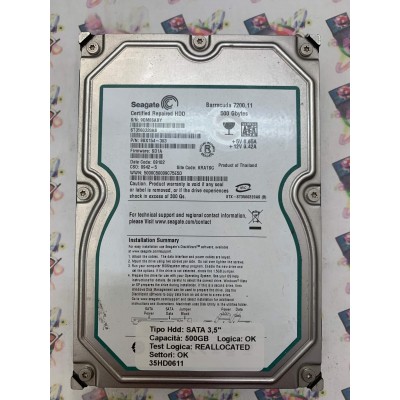 Hard Disk Usato Semifunzionante SATA 3,5" 500GB SEAGATE ST3500320AS 9BX154-303 SD1A 09102 KRATSG