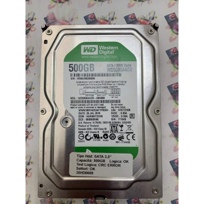 Hard Disk Usato Semifunzionante SATA 3,5" 500GB WD WD5000AADS-00S9B0 HGRNHT2CHB 6008S0R96 29 JUL 2010