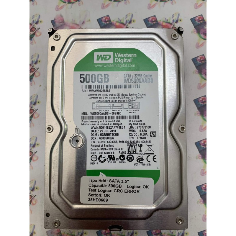 Hard Disk Usato Semifunzionante SATA 3,5" 500GB WD WD5000AADS-00S9B0 HGRNHT2CHB 6008S0R96 29 JUL 2010
