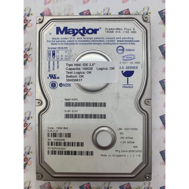 Hard Disk Usato Funzionante 100% OK IDE 3,5" 160GB MAXTOR 6Y160P0042241 YAR41BW0 25 DEC 2003