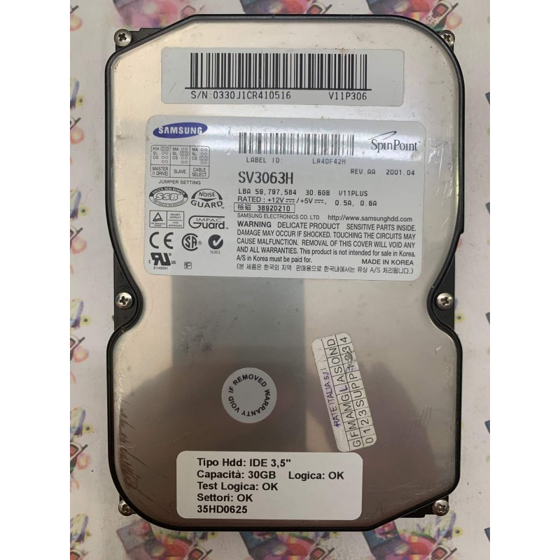 Hard Disk Usato Funzionante 100% OK IDE 3,5" 30GB SAMSUNG SV3063H AA 2001.04