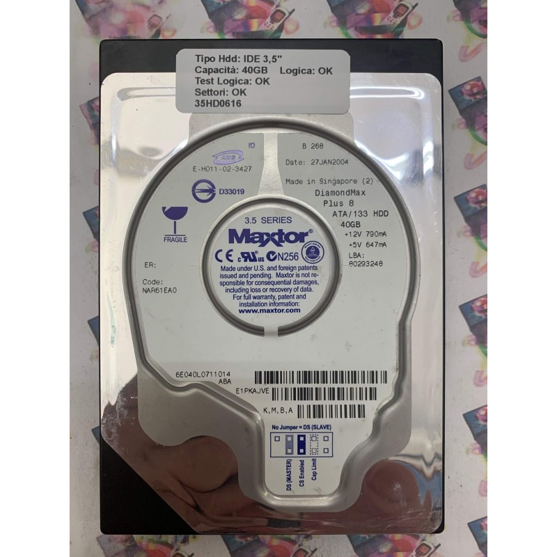 Hard Disk Usato Funzionante 100% OK IDE 3,5" 40GB MAXTOR 6E040L0711014 NAR61EA0 27 JAN 2004